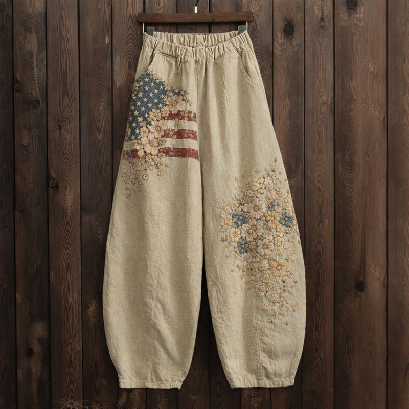 US 250th Anniversary Retro Floral Print Casual Pants