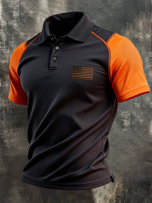 Men's Retro Patriotic Color-Block Short-Sleeve Polo Shirt