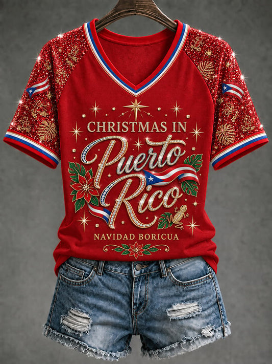 Women's Puerto Rico Christmas Print Casual T-shirt