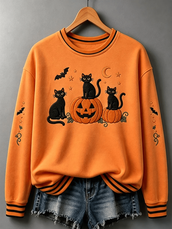 Women's Halloween Black Cat Pumpkin Print Casual Sweatshirt