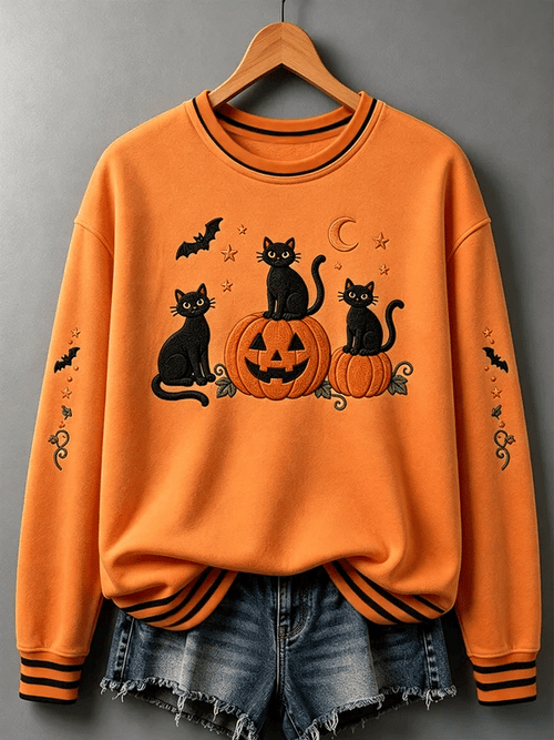 Women's Halloween Black Cat Pumpkin Print Casual Sweatshirt
