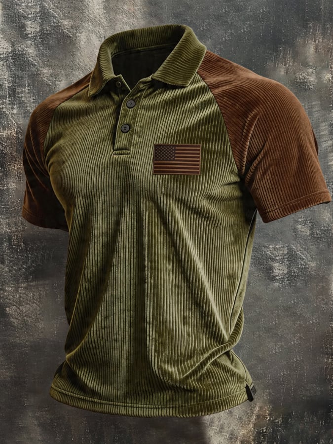Men's Retro Corduroy Color-Block Polo Shirt
