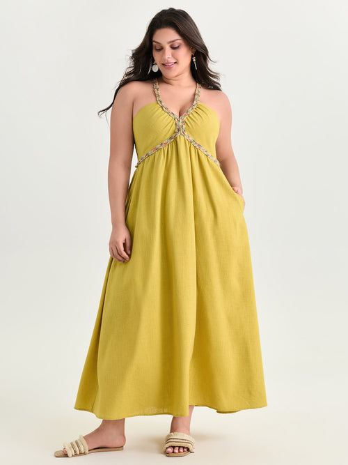 Cotton Linen Breathable Color Contrast Edges Maxi Dress