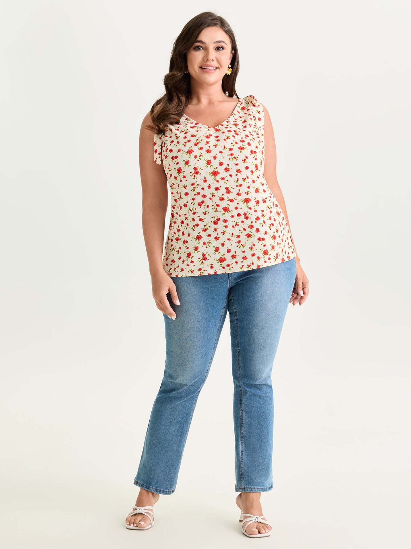 Floral Print Bowknot Shoulder Tank Top