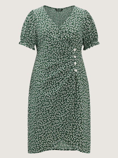 Micro Floral Print Ruched Button Detail Midi Dress