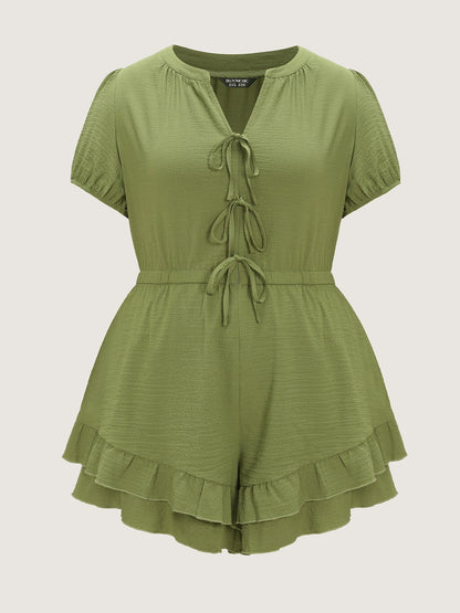 Triple Front Tie Ruffled Hem Romper