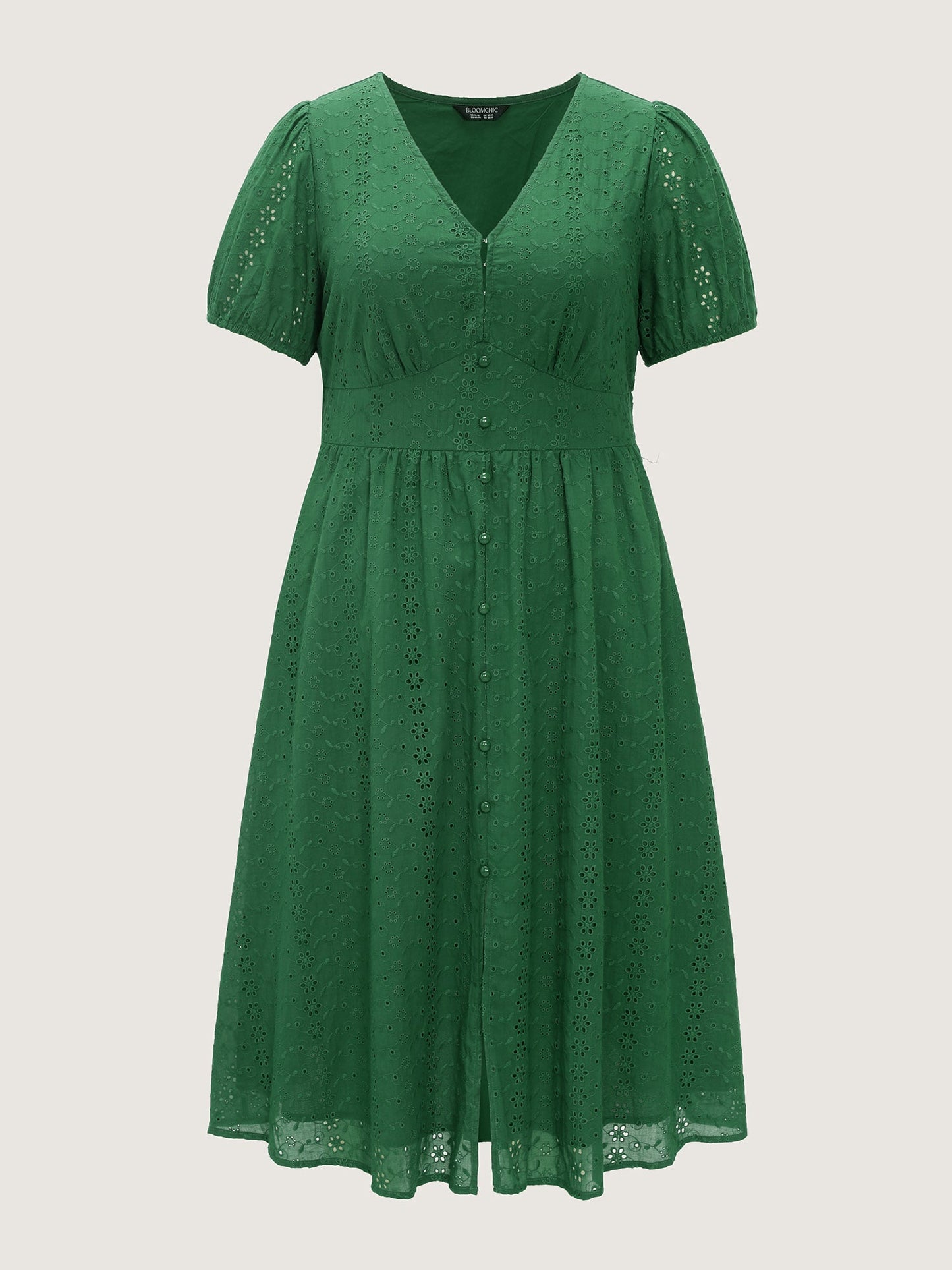 Cotton Eyelet Trim Cinched-Waist Midi Dress