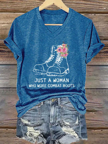 Women's Just A Woman In Combat Boots Printed Short-Sleeved T-Shirt