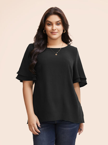 Solid Tiered Ruffles Split Hem Blouse