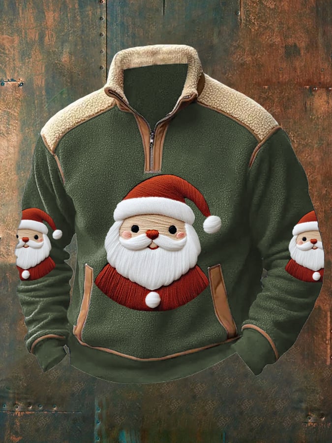 Men's Christmas Santa Plush Colorblock Zip Pullover