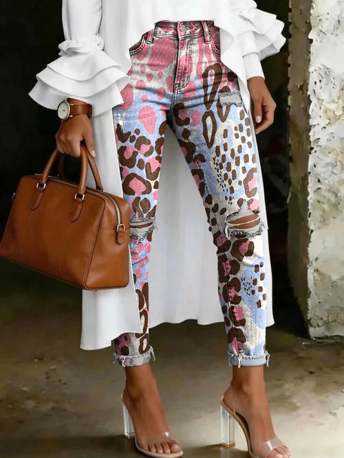 Leopard-print Polka Dot Pattern Art-printed Casual Skinny Ripped Jeans