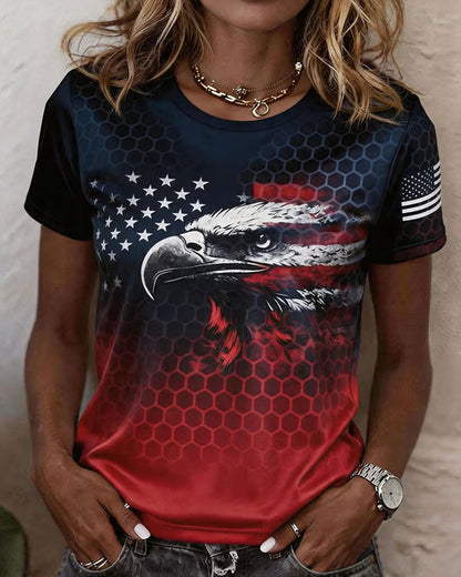 American Flag and Eagle Graffiti Print Crew Neck Short Sleeve Tshirt