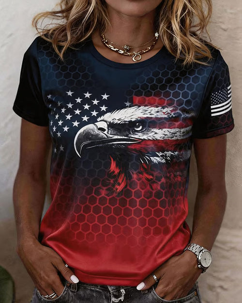 American Flag and Eagle Graffiti Print Crew Neck Short Sleeve Tshirt