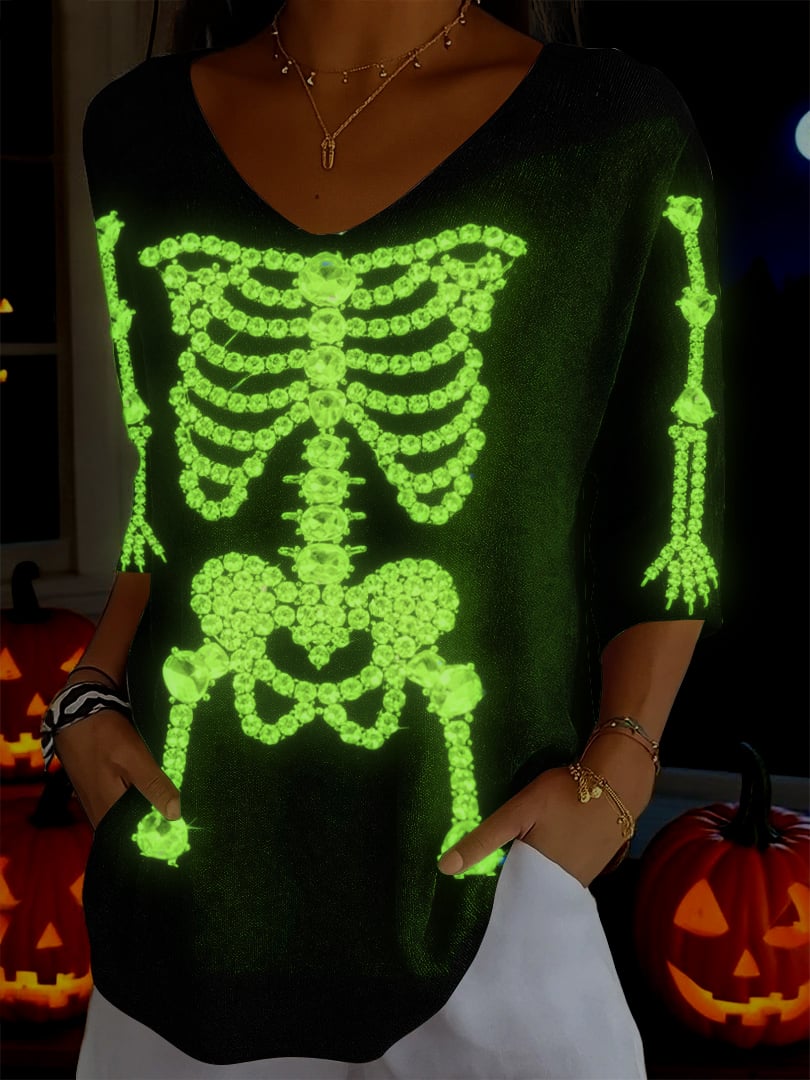 Women's Halloween Fluorescent Diamond Skeleton Print V-Neck T-Shirt