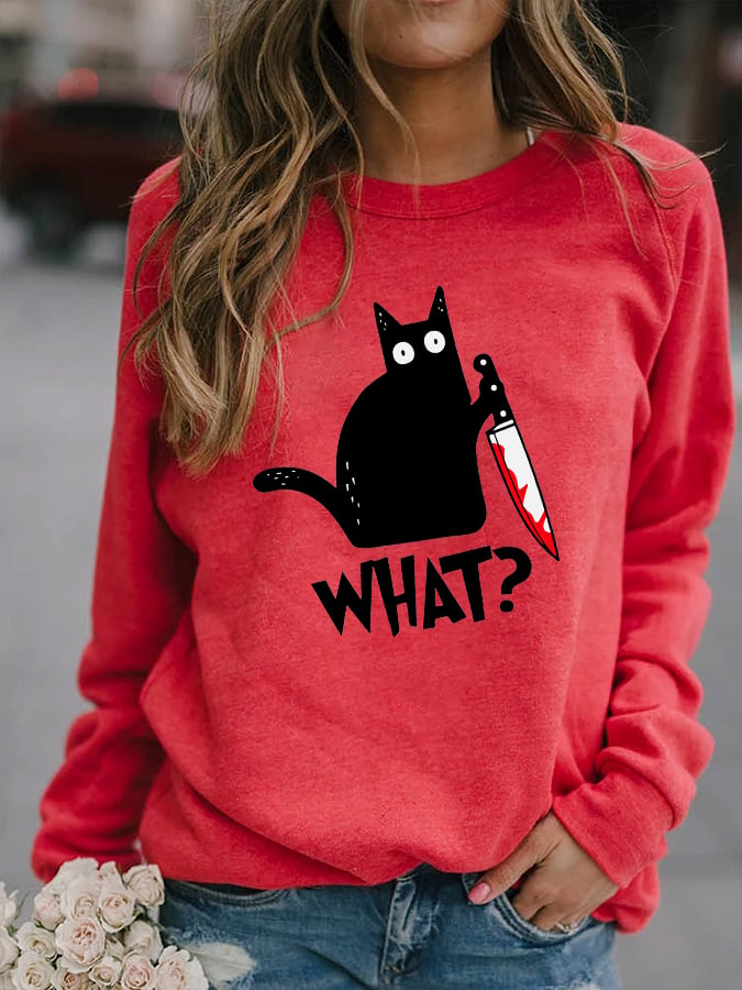 Women's Halloween Black Cat Print Casual Sweatshirt