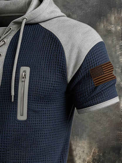 Men's Retro Color-Block T-Shirt with Tie Collar and Zipper Pocket