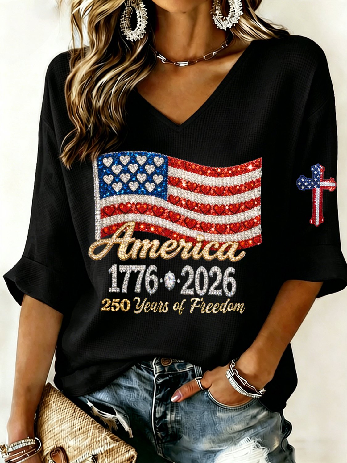 Women's 250th Anniversary Of The United States Printed V-Neck Top