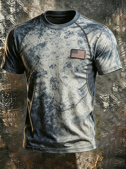 Men's Printed Crew Neck T-Shirt — American Flag Patch, Raw-Edge Splicing & Stitching; Casual, Slim-Fit, Athletic-Style American Streetwear Short-Sleeve Top
