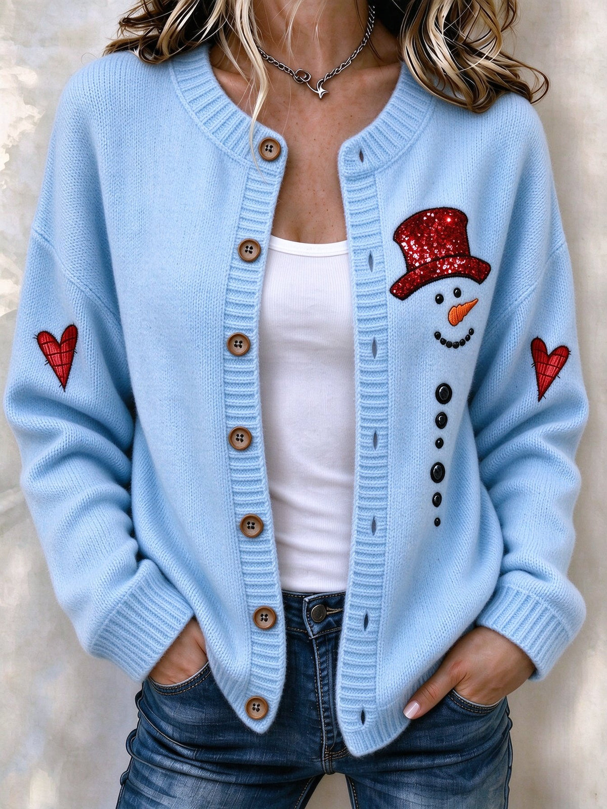 Women's Christmas Snowman Print Knit Cardigan