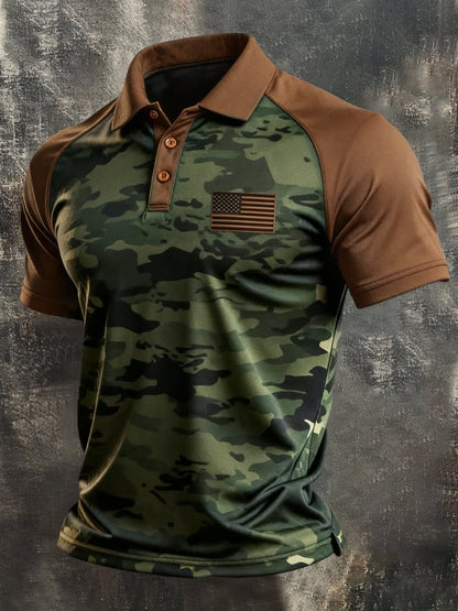 Men's Retro Patriotic Color-Block Short-Sleeve Polo Shirt