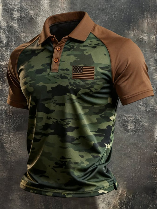 Men's Retro Patriotic Color-Block Short-Sleeve Polo Shirt