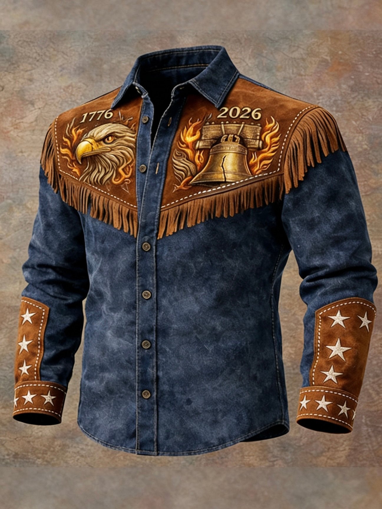 Men'S Vintage Distressed Western-Style 250th Anniversary Commemorative Printed Shirt