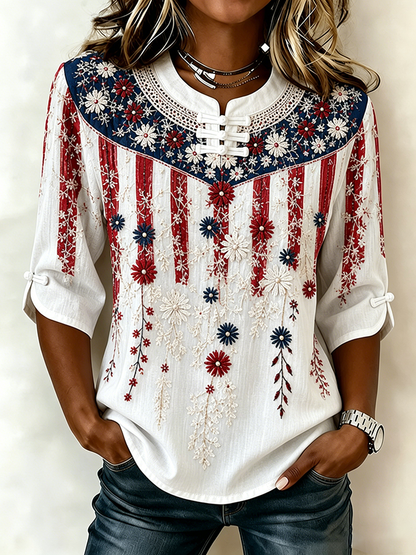 Women's National Flag Floral Print Cotton Linen Top