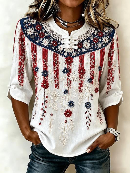 Women's National Flag Floral Print Cotton Linen Top