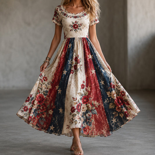 American-style floral patchwork V-neck maxi dress