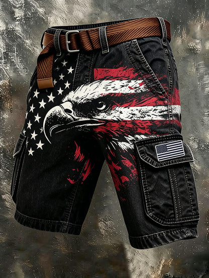 Men's Independence Day USA Flag Print Denim-Like Cargo Shorts