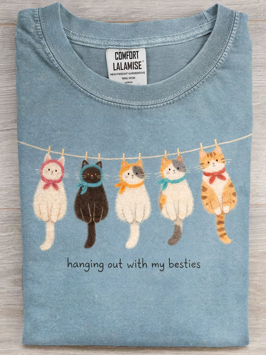 Hanging Out With My Bestie Cute Cat Art Print Casual Short Sleeve T-shirt