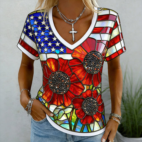 Women's Memorial Day Poppy Art Printed T-Shirt