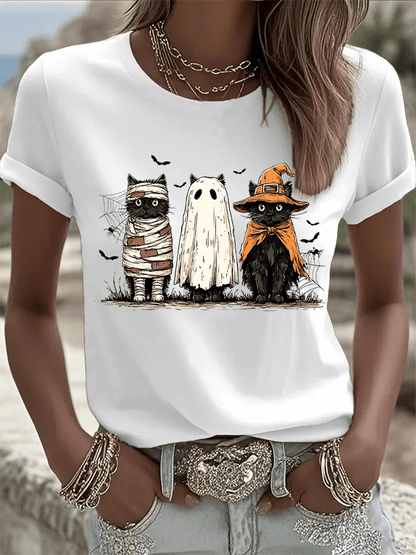 🔥HOT SALE🔥Women's Halloween Cat Print Crew Neck T-Shirt