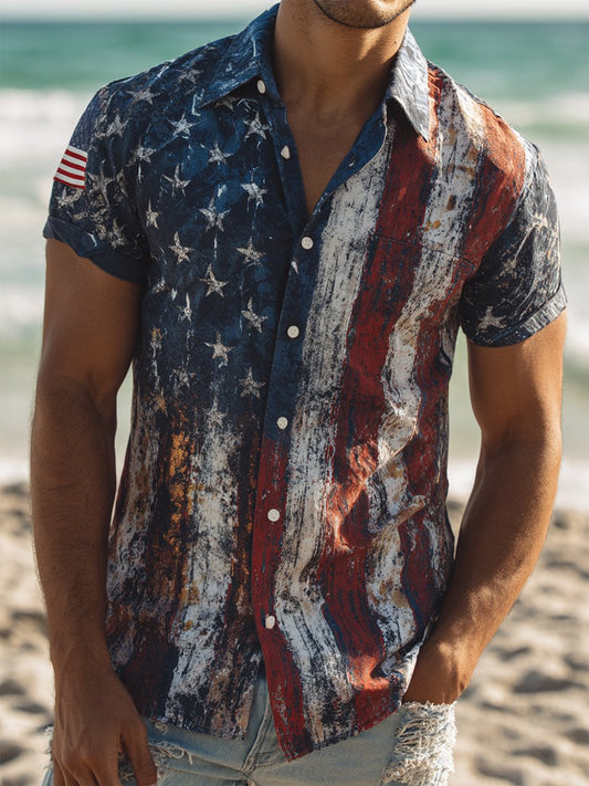 Men's Vintage American Anniversary Linen Short-Sleeve Shirt