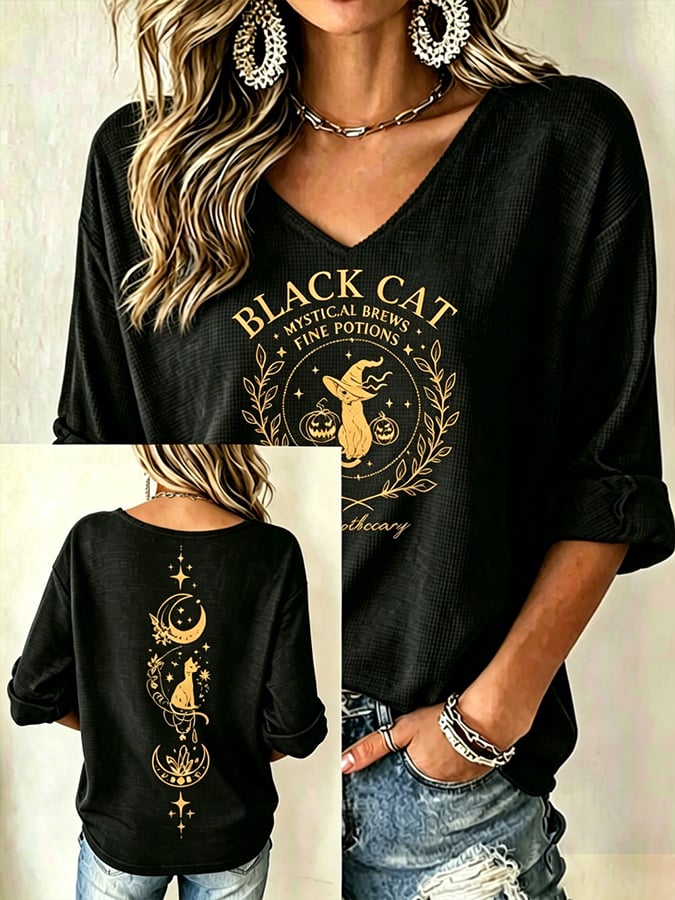 Women's Halloween Black Cat  Print short-sleeved T-shirt