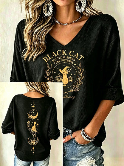 Women's Halloween Black Cat  Print short-sleeved T-shirt