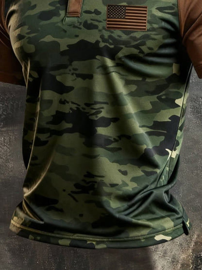 Men's Retro Patriotic Color-Block Short-Sleeve Polo Shirt