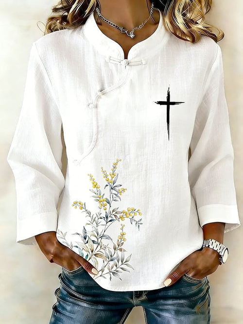 Women's Faith Cotton And Linen Floral Print Shirt