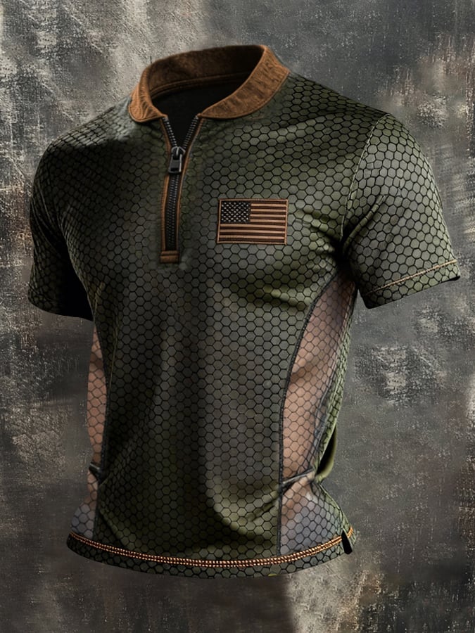 Men's Retro Color-Block Zip-Up T-Shirt
