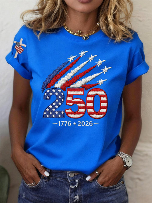 Women’s USA 250th Anniversary Embroidered Print Crew Neck Short Sleeve T-Shirt