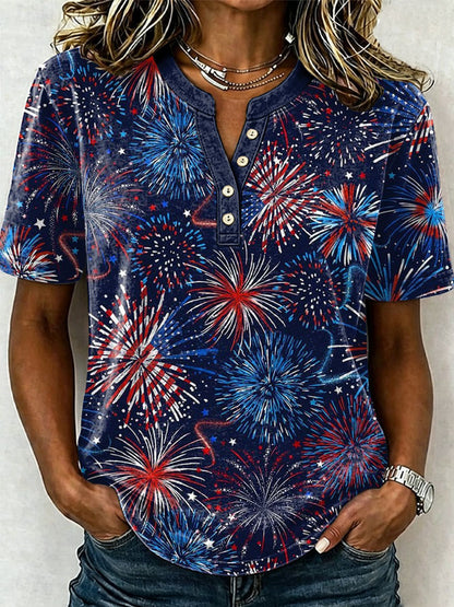 Female Leisure Patriotic Fireworks Flag Button T-Shirt