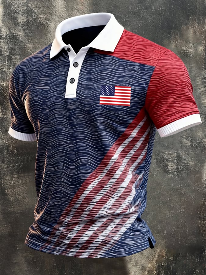 Men's Retro Patriotic Color-Block Short-Sleeve Polo Shirt