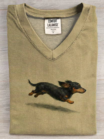 Funny Cute Running Dachshund Art Print V-neck Casual T-shirt