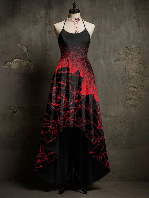 Women's Abstract Gothic Red Rose Printed Sleeveless Dress