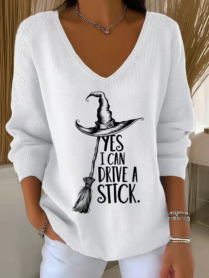 🔥Buy 2 Get 10% Off🔥Women'S Witch "Yes I Can Drive A Stick"  Print Drop Shoulder Sweater