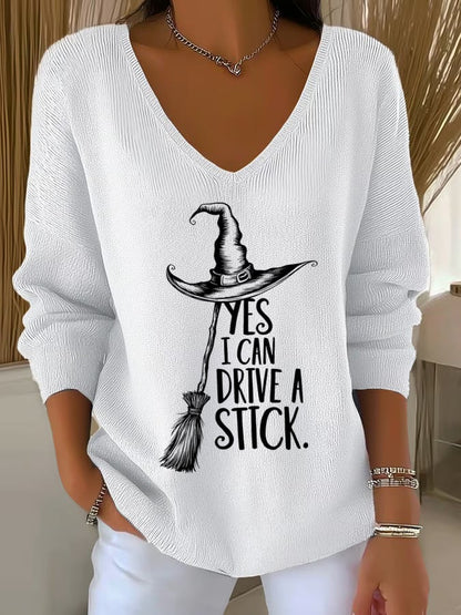 🔥Buy 2 Get 10% Off🔥Women'S Witch "Yes I Can Drive A Stick"  Print Drop Shoulder Sweater
