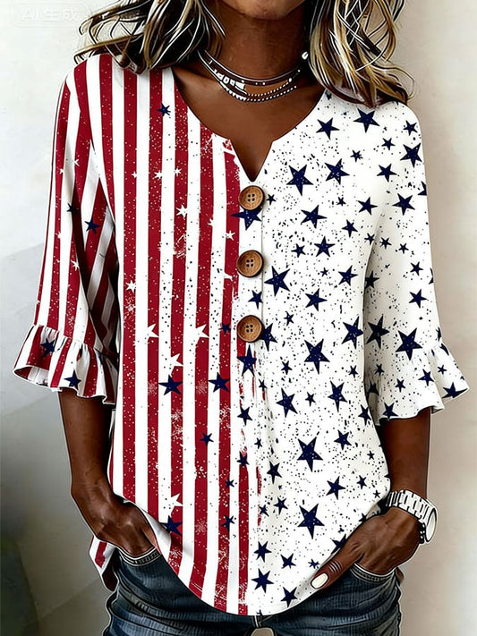 Women's Casual Retro Print Button-Up Shirt