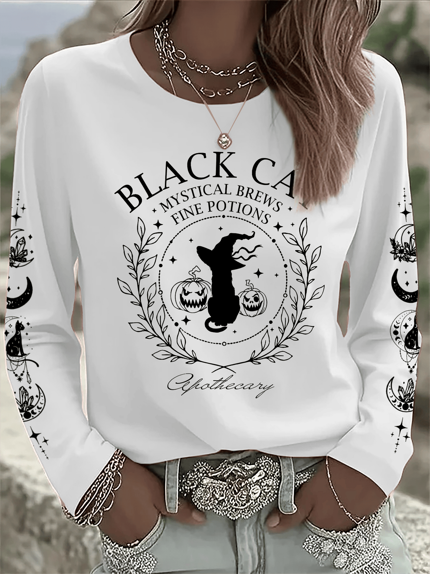🔥HOT SALE🔥Women's Black Cat Mystical Brews Fine Potions Apothecary Print Long Sleeve T-Shirt