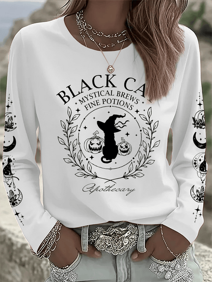 🔥HOT SALE🔥Women's Black Cat Mystical Brews Fine Potions Apothecary Print Long Sleeve T-Shirt