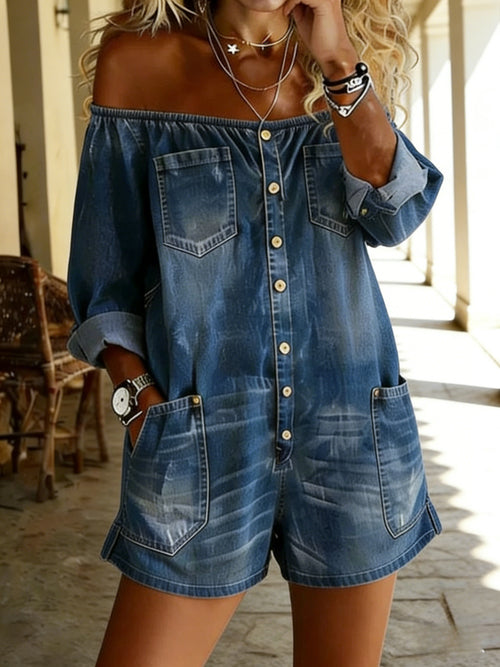 Women's Casual Cotton Denim Off-Shoulder Jumpsuit Shorts